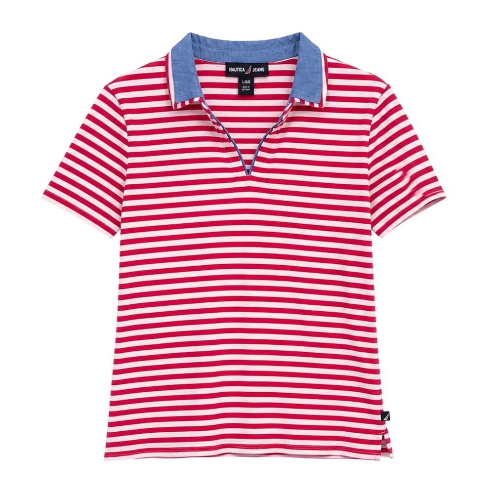 Nautica Jeans Womens Pink White‎ Striped V-Neck Polo Shirt Blue Collar Large
